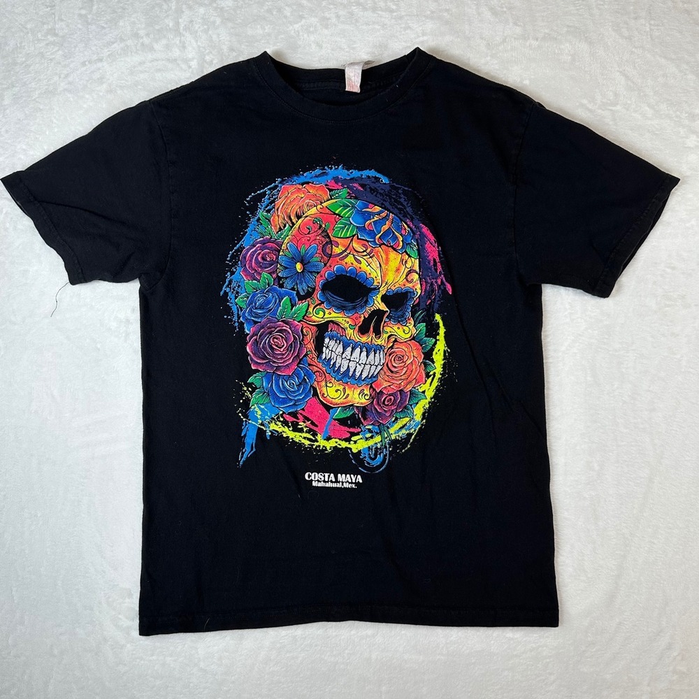 Euro Cotton Costa Maya Mexico Sugar Skull Graphic T-Shirt Black Mens Medium